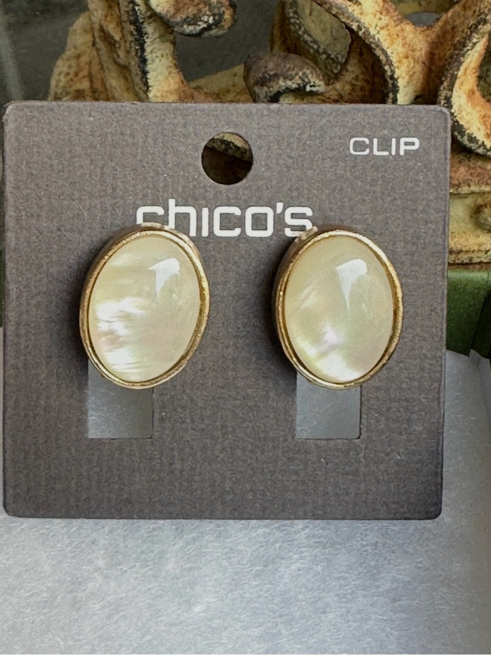 Chico's Gold-Trim Cream Oval Clip-On Earrings